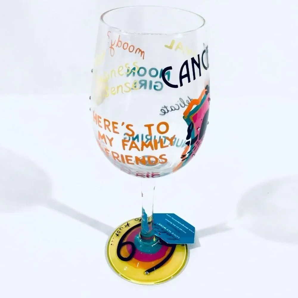 NWT Gorgeous Lolita Love My Sign Cancer 15oz Hand Painted Wine Glass Gift Set